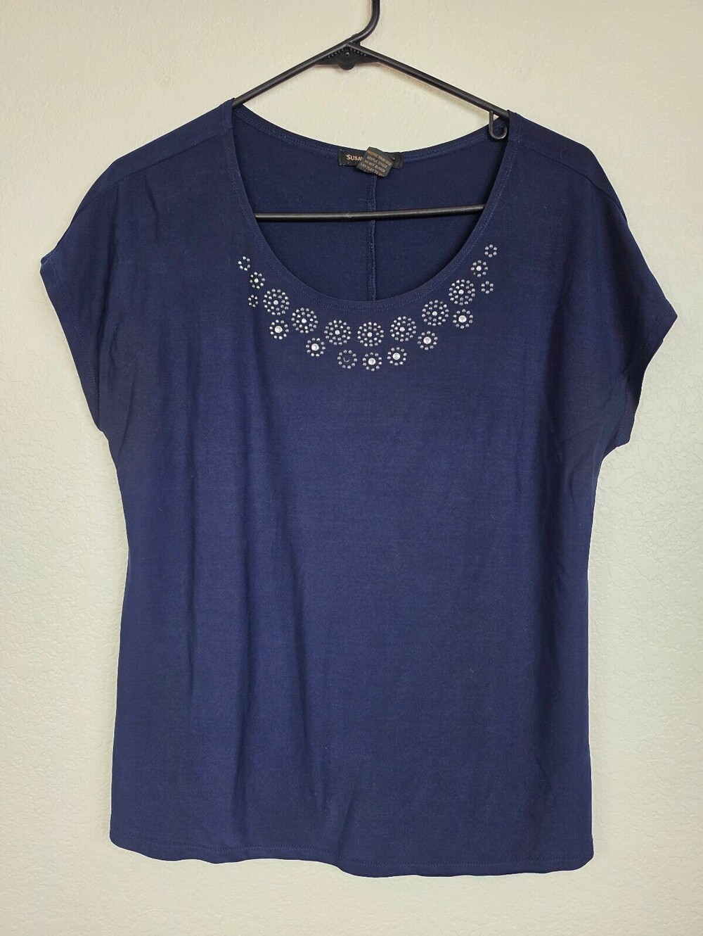 Vintage Susan Lawrence Navy Blue Rhinestone Blouse Medium